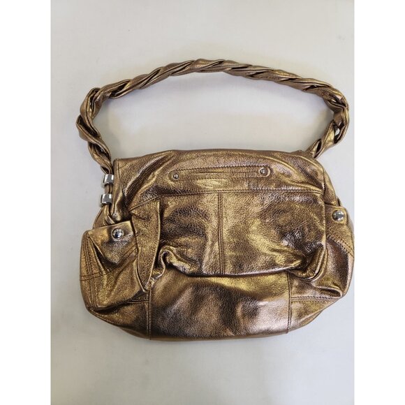 B. Makowsky Handbag Purse Metallic Bronze Purse Shoulder Leopard Liner Pockets - Picture 2 of 9